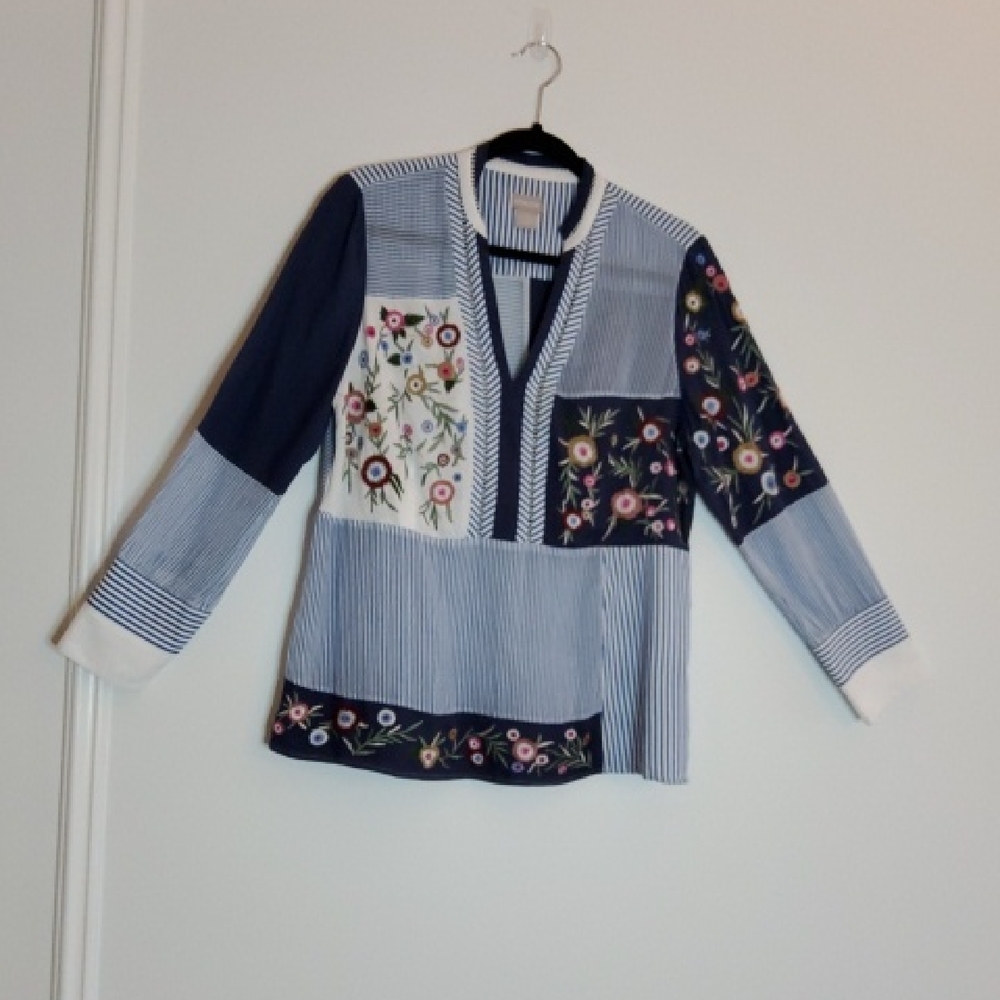 Chico's Navy and White Embroidered Patchwork V-Neck Blouse